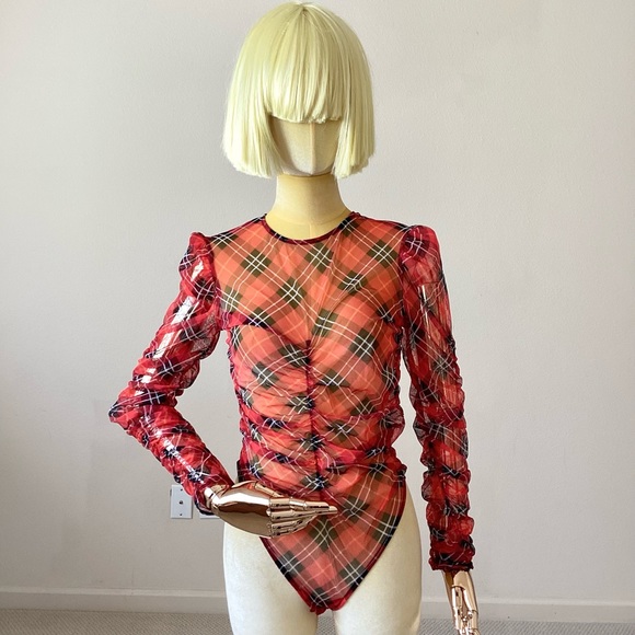 Victoria's Secret Tops - Victoria’s Secret Red Plaid Mesh Bodysuit SZ S